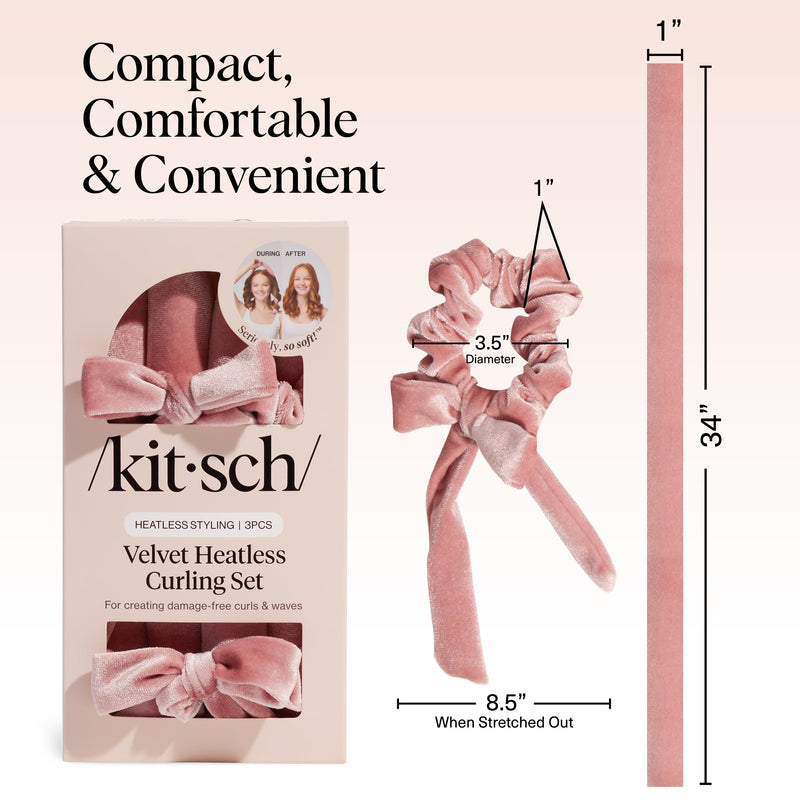Kitsch Velvet Heatless Curls Overnight Set - Terracotta | No Heat Damage Overnight Curls | Comfortable Frizz Free Hair Curlers To Sleep In with 34" Hair Waver & 2 Satin Scrunchies 12 Terracotta 1 Count (Pack of 3)