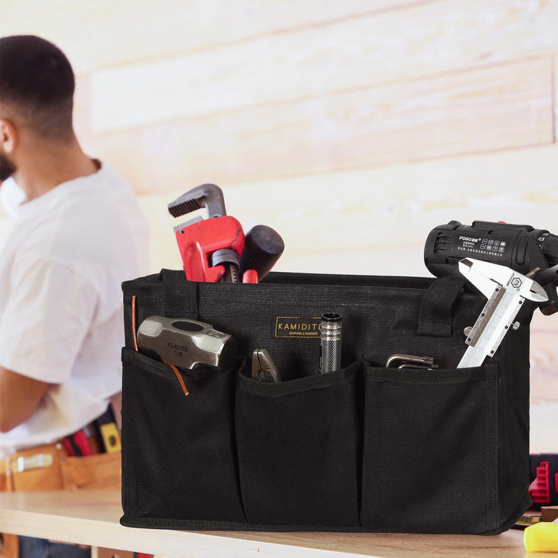 Tool Pouch, Heavy Duty 16oz Waxed Canvas Tool Bag, Rectangle Foldable Open Top Tool Bags with Handles, 7 Pockets | 13.5 x 7.8 x 7.8 Inches Black 13.5 Inch