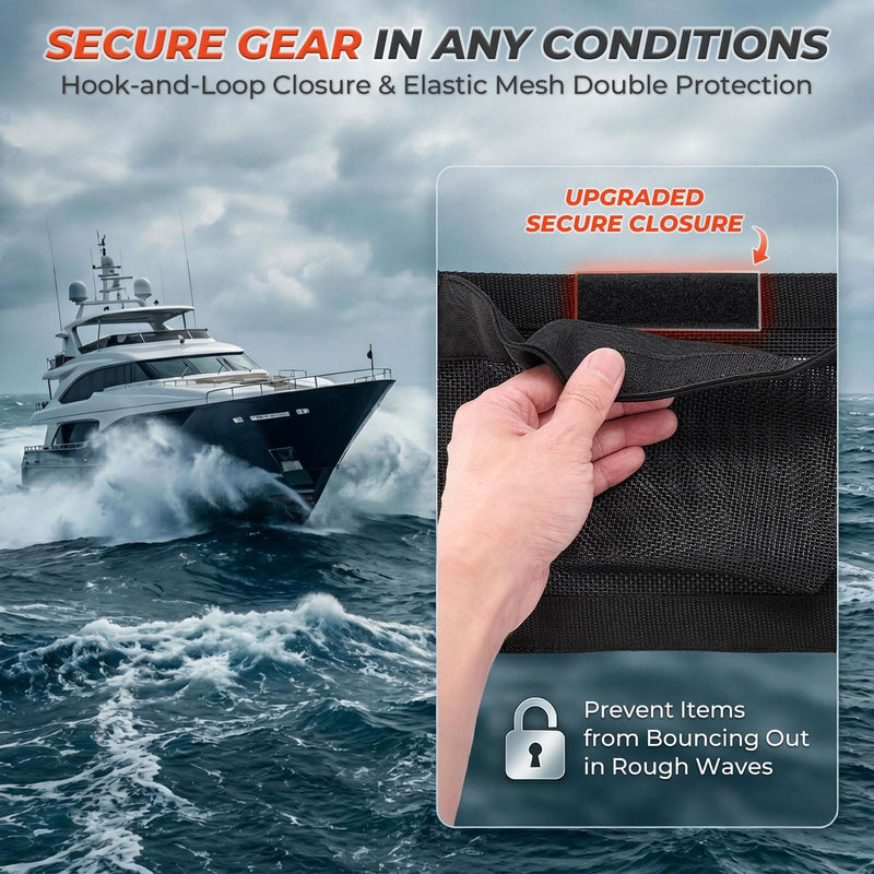 2PC Boat 10"*7" Self-Adhesive Storage Mesh Bag,Marine Organizer for Tools & Boat Accessories,Waterproof Strong Adhesive Backing, Easy to Install & Remove,Keep Your Boat Tidy and Items Secure 2