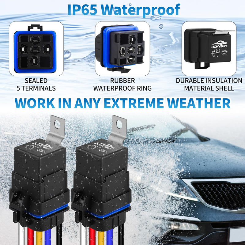 5-Pin Waterproof Relay Kit 40/30 AMP 12V Relay Switch with Harness 12&16 AWG Tinned Copper Wires, SPDT Automotive Relay Kit for Horns Starters Radiator Motor Fans Boats, Pack of 2