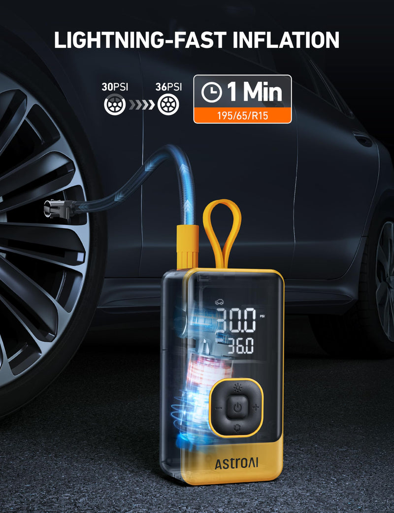 AstroAI L7 Air Tire Inflator Portable Air Compressor, 150PSI Electric Cordless Car Pump with Fast 1-min Inflation, Auto Shutoff, LED Light – Rechargeable for Car, SUV, Motorcycle, Bike Tires, Yellow