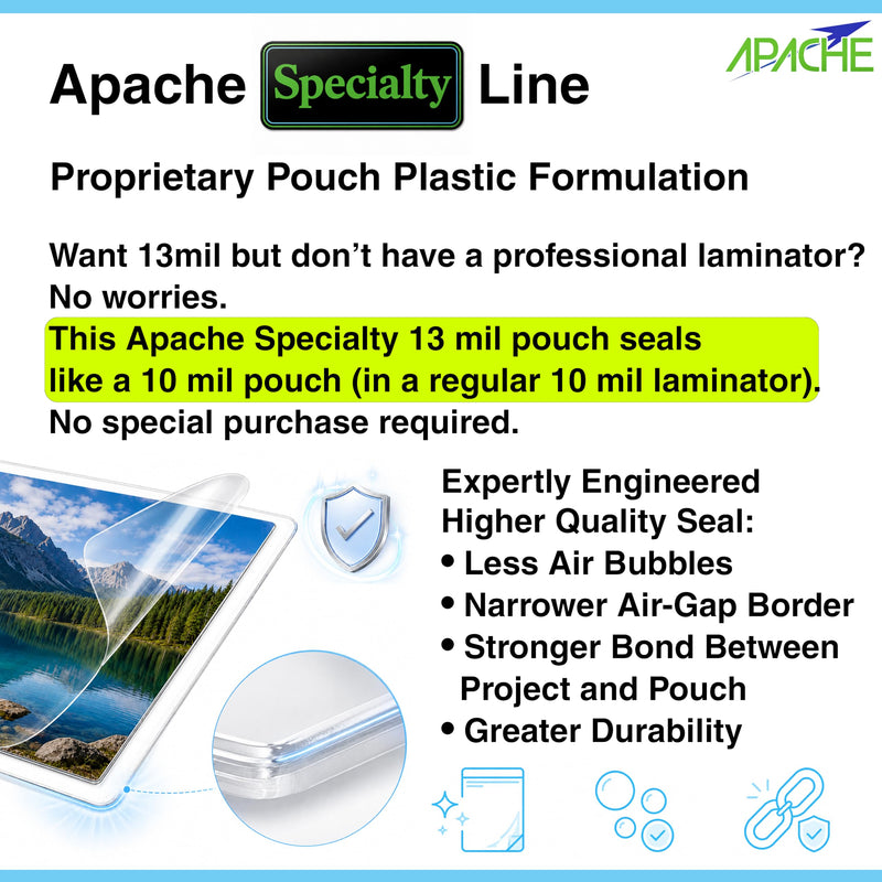 Apache Letter Size Laminating Pouches, 13 Mil, 5 Pack, 9x11.5" | Seals In 10mil Laminator, Holds 8.5x11 Inch Projects, Thermal Laminating Sheets, Clear, Round Corners, Elite Specialty Line