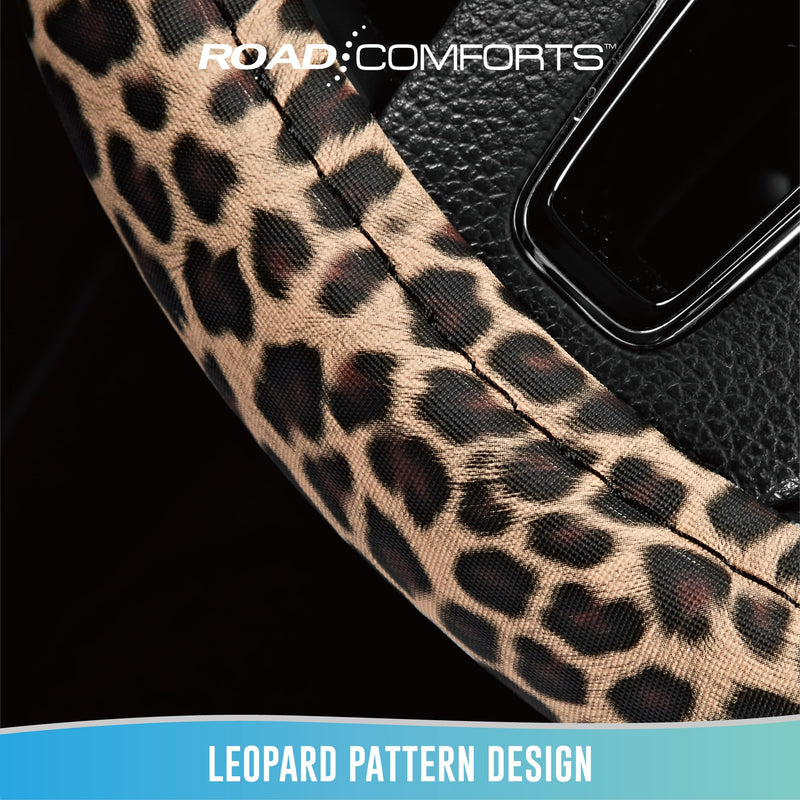Road Comforts Leopard Steering Wheel Cover - Made with PVC Leather Cheetah Print - Anti-Slip, Universal Fit 14 1/2 inches to 15 inches - Black