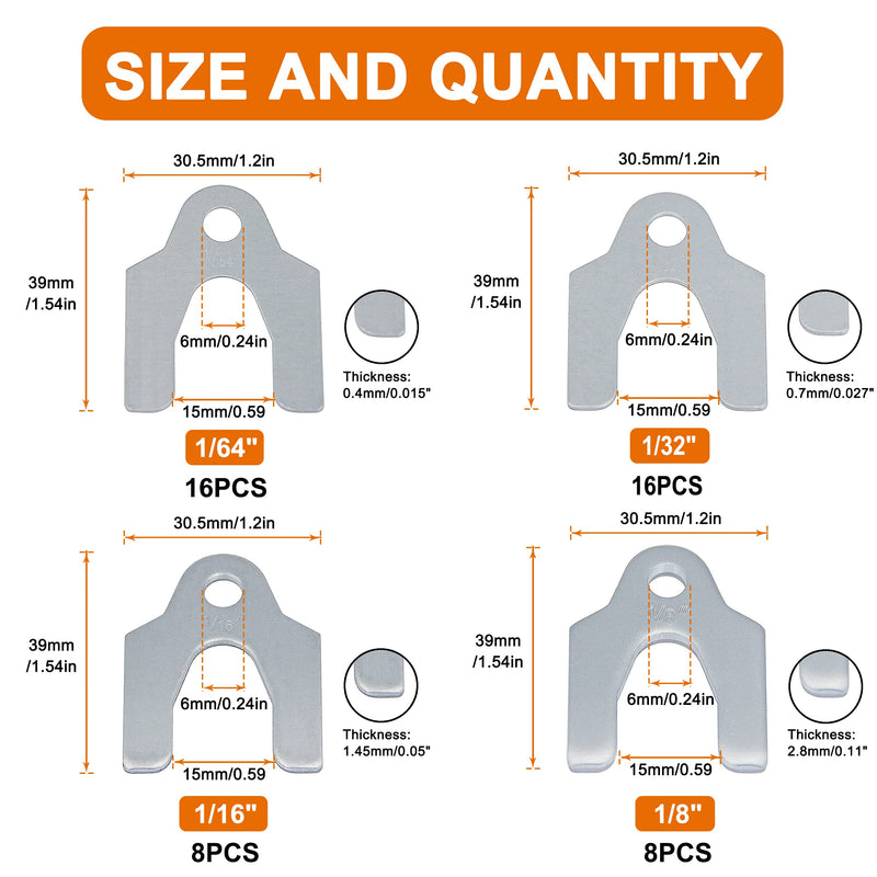 ISPINNER 48pcs Auto Alignment Body Shim Assortment Kit, 1/64" 1/32" 1/16" 1/8" Universal Shims for Adjusting Body Parts or Camber Alignment