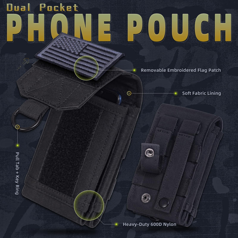 Molle Phone Pouch Tactical Phone Holster, Dual Cell Phone Holder Utility EDC Pouch for Duty Belt & Vest,Molle Accessories Gear with US Flag Patch (Fits 4"–6.9" Phones) (Black) Black