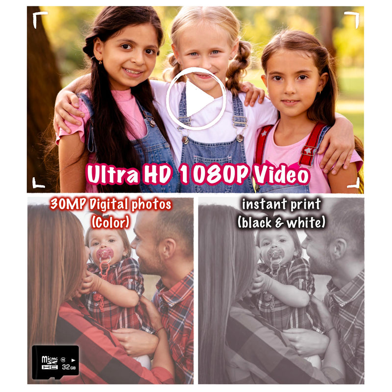 Kids Instant Print Camera for Girls Boys Christmas Birthday Gift (Green) | Digital Camera with 1080p Videos, Print Paper and 32GB Card, Portable Travel Cameras Toy for 3, 4, 5-12 Year Old Girls Boy Green