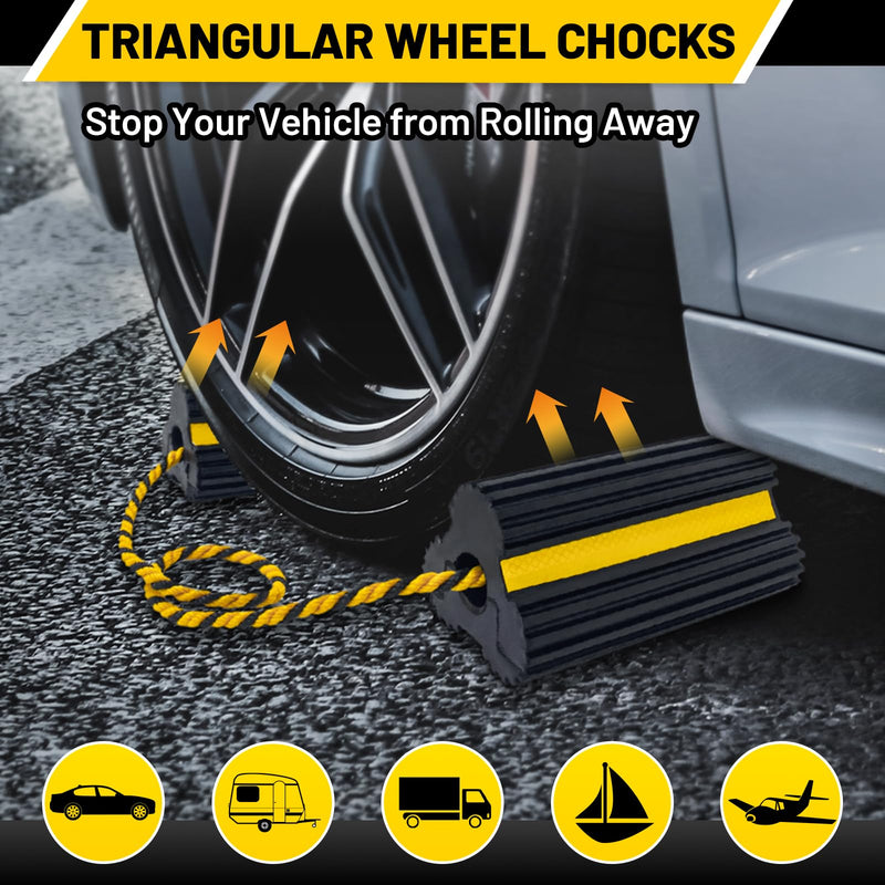 ROBLOCK 2 Pairs Wheel Chocks Heavy-Duty Rubber Wheel Block Non-Slip Base with Nylon Rope Yellow Reflective Tape - 4 Pack Wheel Stopper for Travel Trailers, Car, Camper, Truck, Black 4pack