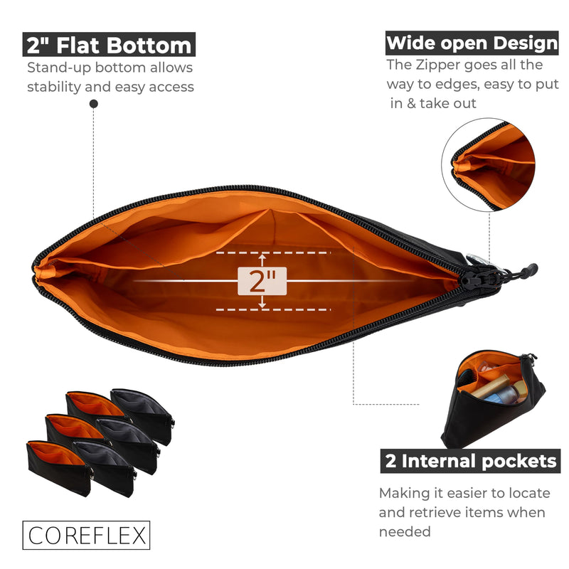COREFLEX Premium Tool Pouch Zipper Bag, Small Tool Bag, Multipurpose Storage pouch, Heavy duty Flat Bottom Tool bag with YKK Zipper (6 pack Large 12inch Black) 6 pack Large 12inch Black