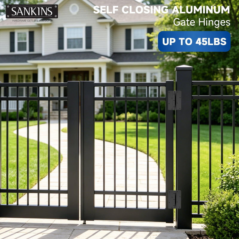 5-3/4" Adjustable Self Closing Aluminum Gate Hinges, Heavy Duty Gate Hinges for Metal Gates, Legged Door Hinges Fence Gate Hinge for Pool Gate, Aluminum Gate, 2pcs, Black
