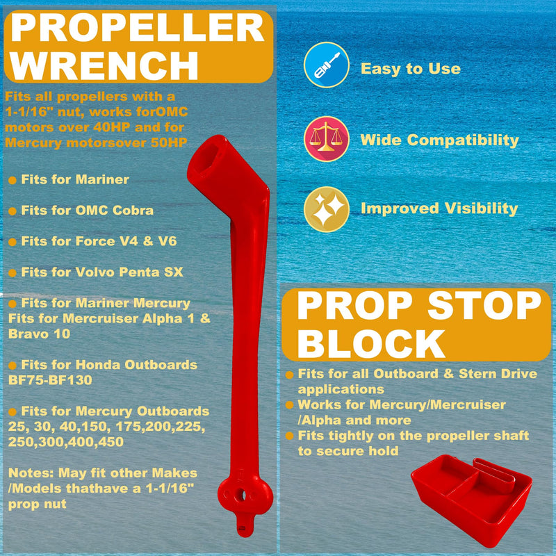 Polymer Propeller Wrench 1-1/16" Nut Wrench & Prop Stop Propeller Stop Fit Mercury/Mercruiser/OMC,Marine Boat Prop for All Outboard & Stern Drive Applications,Light-Weight, Rustproof Plastic,Red(27mm) Red Kit