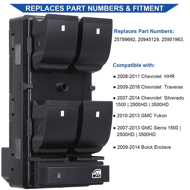 Driver Side Power Master Window Switch, Compatible with Chevy Silverado/Chevrolet Traverse/HHR/2007-2013 GMC Sierra/Yukon/Buick Enclave Replace OE 20945129 25789692