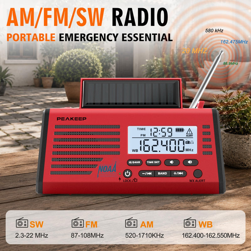 Peakeep Emergency Radio NOAA Weather Alert Battery Solar Crank Powered | AM FM SW Portable Radio, Rechargeable Battery Backup18500mWh, SOS Flashlight Lamp for Home Car Camping Storms Blackouts Prep Red with Black