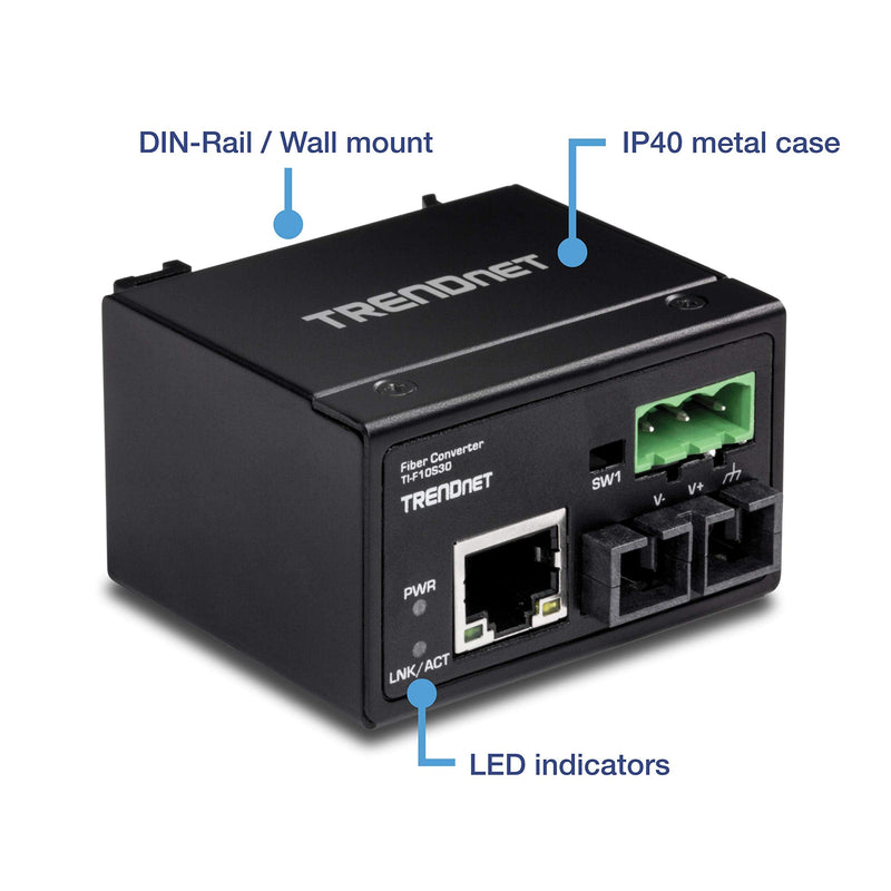 TRENDnet Hardened Industrial 100Base-FX Single-Mode SC Fiber Converter, (30 km, 18.6 Miles), IP40 Rated Housing, TI-F10S30,Lifetime Protection,Black 30 KM