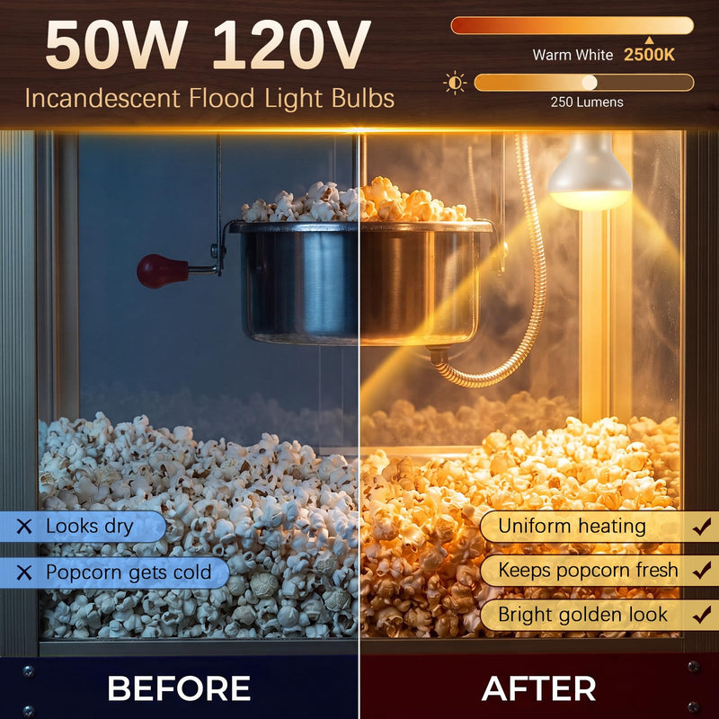 4 Pack 50W 120V R20 Popcorn Machine Light Bulb Replacement, Frosted Shatter Proof Popcorn Lamp, Incandescent Reflector Heat Light Bulb for Machine Warmer & Food Display, E26 Base