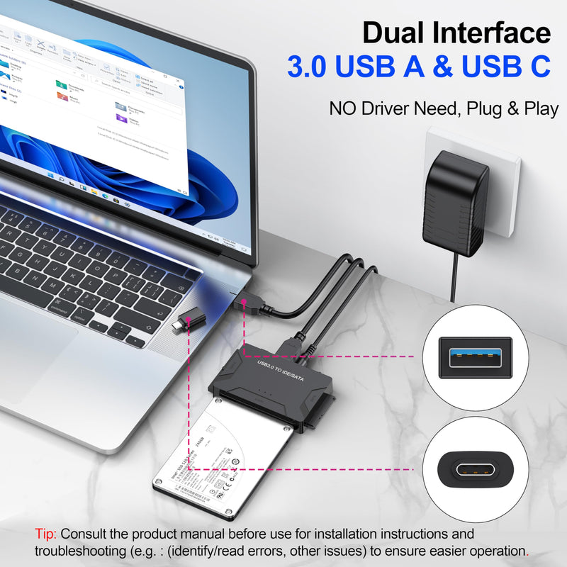Hard Drive Reader USB 3.0 & Type C to SATA IDE Adapter, Internal Data Transfer Recovery Converter Kit with 12V/2A Power for 2.5"/3.5" SATA/IDE HDD SSD Hard Disk Internal Blu-ray Drive, up to 20TB For IDE/SATA
