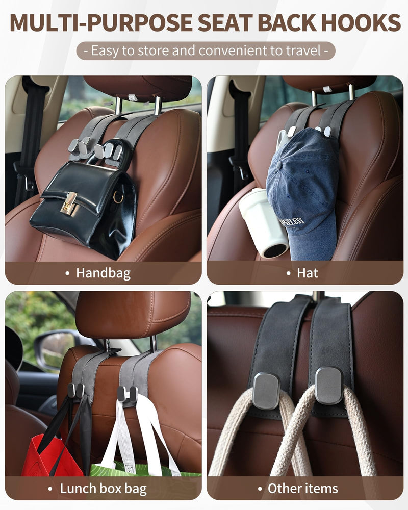 Headrest Hooks for Car, 4 Pack Car Seat Back Organizer Storage Hook, Double Hook Car Seat Hooks for Hanger Purses and Bags, Leather Purse Holder for Car, Black Black-4Pack