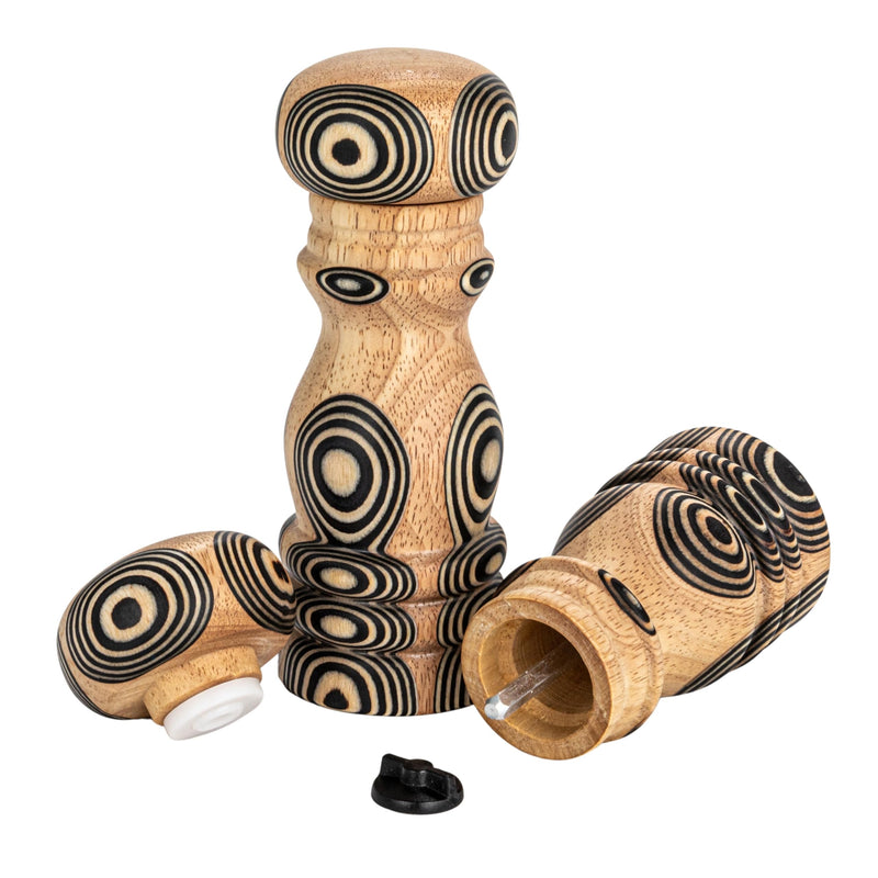 Bloomingville Wood Salt and Pepper Mills with Inlaid Circles Design, Natural and Black, Set of 2