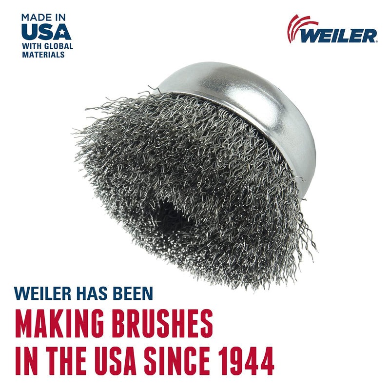Weiler 14026 4" Crimped Wire Cup Brush, .014" Steel Fill, 5/8"-11 UNC NUT, Made in the USA 4" Dia .014" Wire Size x 1-3/8" Trim Length