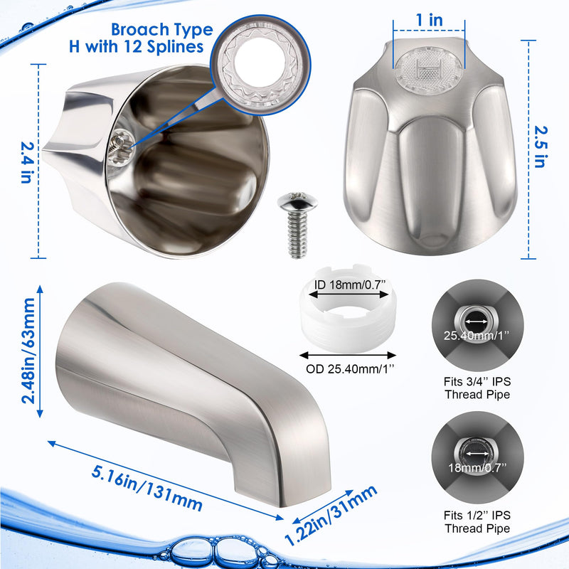 Enhon 3 Handle Shower Faucet Set Compatible with Pfister Verve Bath Tub Tool, Shower Knob and Bathtub Faucet Fits 1/2'', 3/4'' IPS Connection With 4 in 1 Spout Adapter Assembly Tool(Brushed Nickel) Brushed Nickel