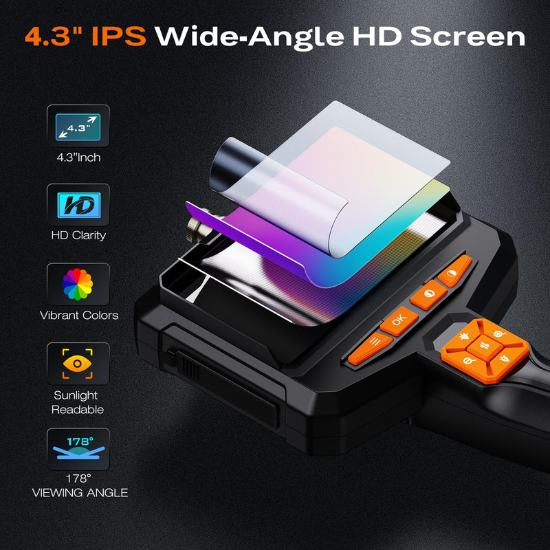 Endoscope Camera with Light, Handheld Borescope Inspection Camera with 4.3" IPS Screen, AukonVee IP67 Waterproof with 8 Adjustable LED Lights & 16.5FT Semi-Rigid Snake Camera, Bore Scope Tools for Men 4.3" Handheld Borescope-ES05