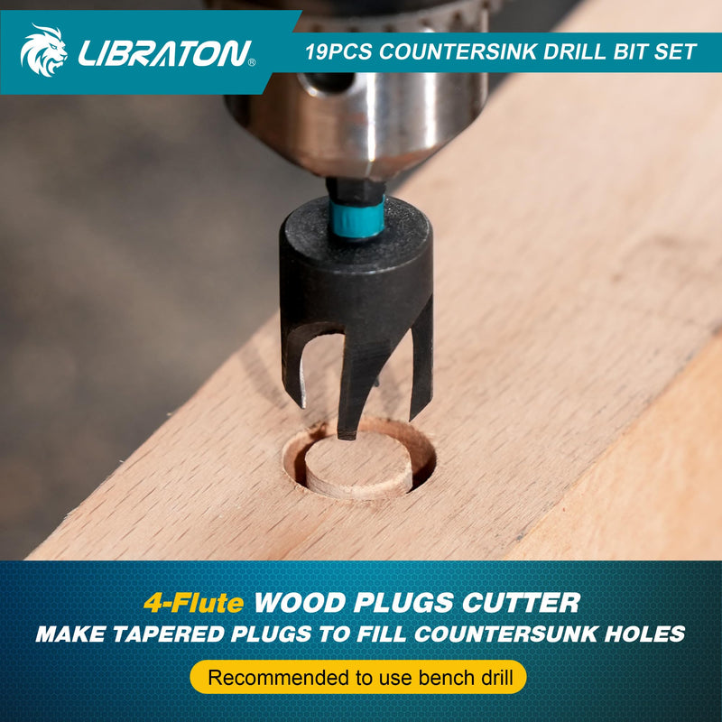 Libraton Countersink Drill Bit Set, 19 PCS Tapered Drill Bits for Woodworking, Counter Sink Drill Bit Wood Plug Cutter Extendable Bit Holder 1/4" Hex Shank Screwdriver Bits with Storage Case