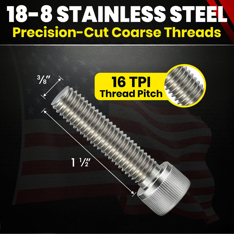 Chenango Supply Stainless 3/8-16 x 1-1/2 Socket Head Cap Screws – 18-8 Grade, Full Thread, Hex Drive 5/16, Coarse Thread, High-Torque Socket Head Cap Screws, 25 Pieces (3/8-16 x 1-1/2)