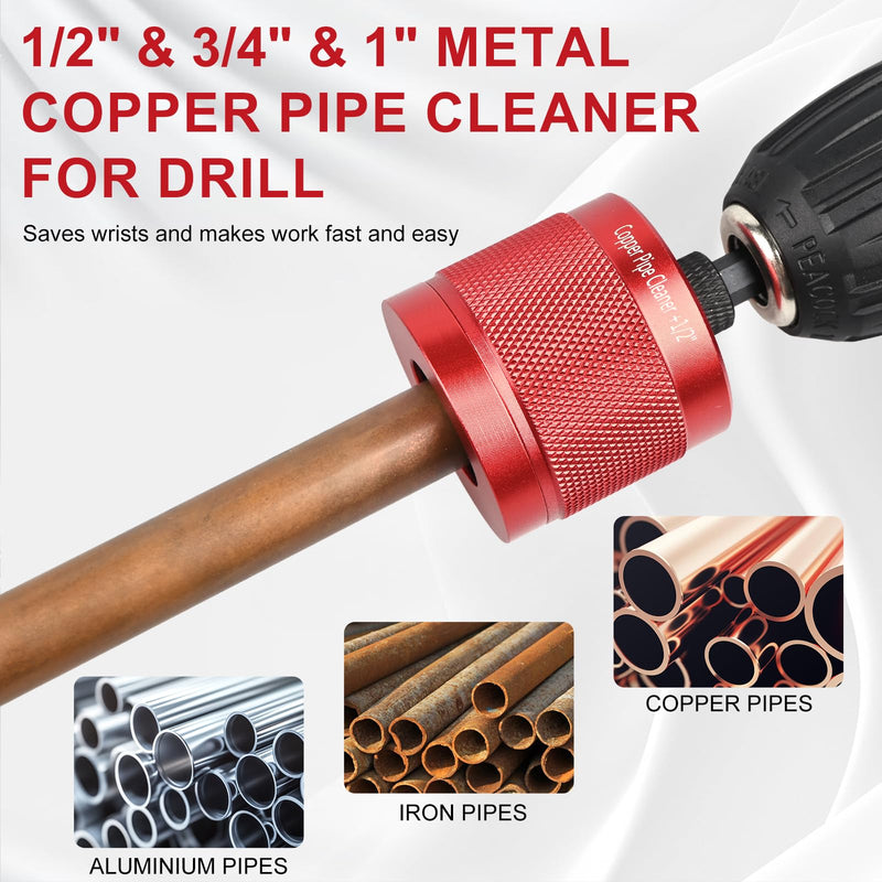 1/2" & 3/4" & 1" Metal Copper Pipe Cleaner for Drill, with 1/4" Hex Shank & 6 Brush Blades & 6 Pipe Cleaning Brushes, Plumbing Tools for Cleaning, Polishing & Removing Rust