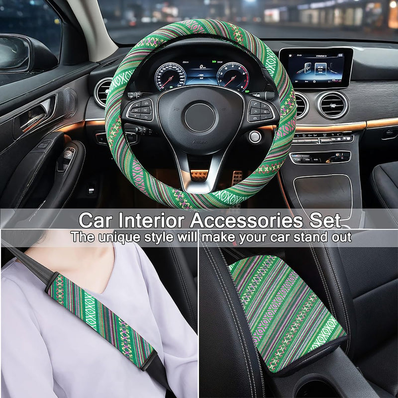 Boho Steering Wheel Cover Set, Seat Belt Cover and Armrest Pad Bohemian Cloth Car Steering Wheel for Women Flax Ethnic Style Steering Wheel Accessories Cover Anti-Slip Fits 14 1/2-15 Inch - Green Blue