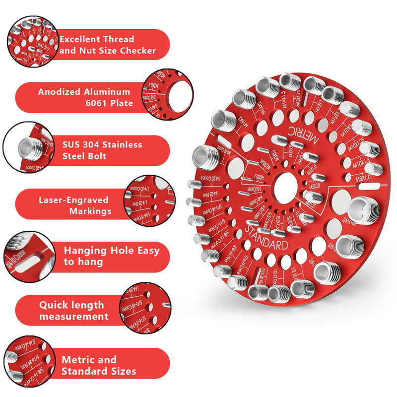 39 Nut and Bolt Thread Checker - Bolt Size Finder Standard and Metric Bolt and Nut Identifier 21 Standard & 18 Metric Thread Identifier Gauge with Hanging Hole (Circle Shape)
