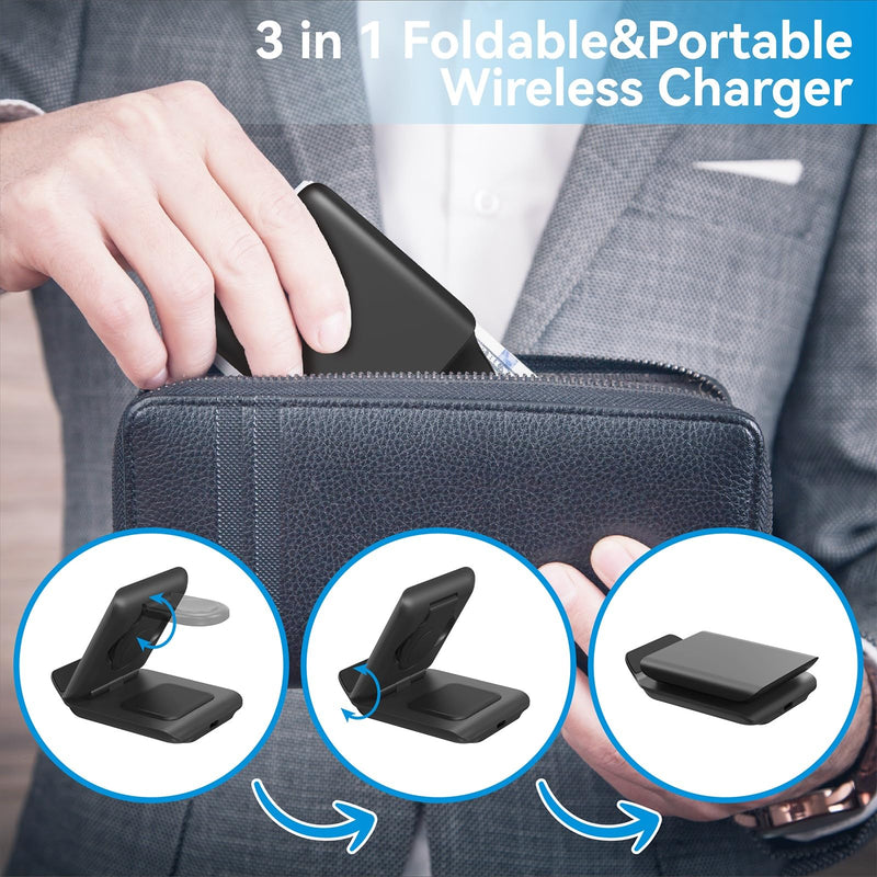 Geyo 3 in 1 Fast Wireless Charger for Samsung Galaxy Z Flip 8/7/7 FE/6/5 | Foldable Charging Station for Motorola Razr Ultra 2026, Portable Travel Charger Stand for Phone, Galaxy Watch & Buds, Black