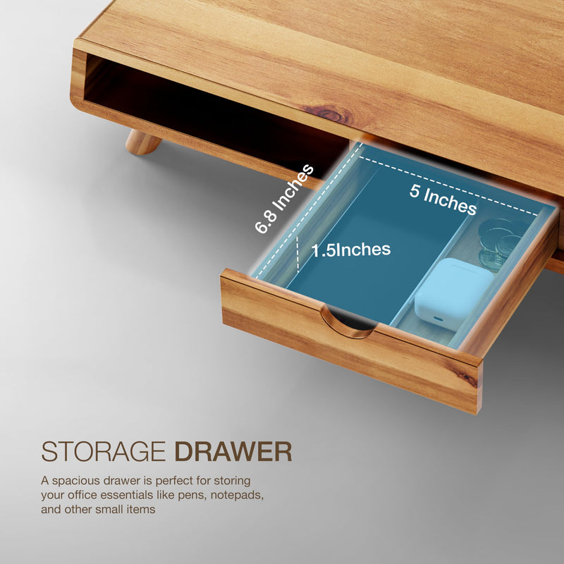 TINAMO Acacia Wood Monitor Stand with Drawer - Wooden Monitor Riser for Desk - Computer Monitor Stand for Desk - Multi-Purpose Desktop Storage Stand for Computer; Laptop; Printer; TV - 24.4 " x 8" x 5" (Patent Pending)