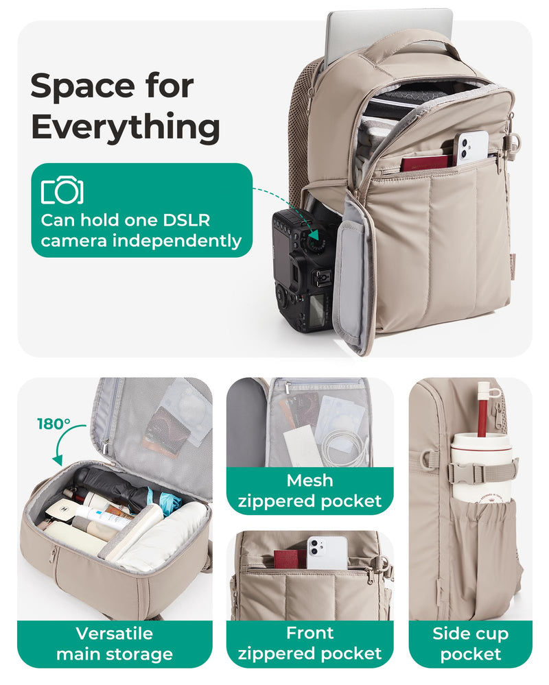 BAGSMART Camera Backpack for Women with Laptop Compartment, Coffee Brown | Puffy Camera Bags for Photographers, DSLR/SLR/Mirrorless Photography Camera Case, Water-resistant Travel Backpack