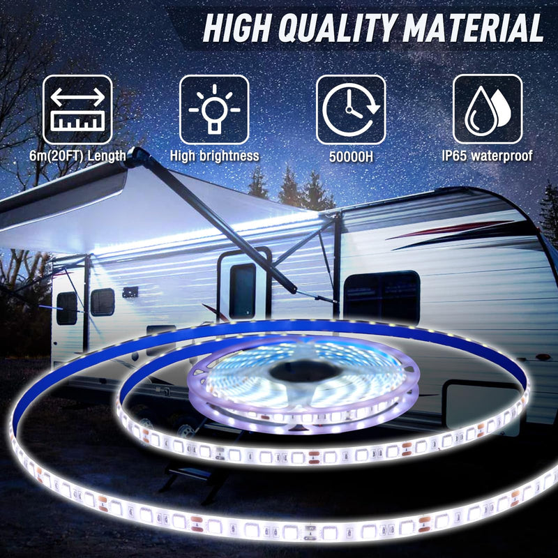 20FT RV Awning LED Light Strip, 12V Fixed Brightness Camper Awning Lights Waterproof, Motorhome Exterior Underglow Lighting Strips Kit for Canopy Parties BBQ Food Truck Decor