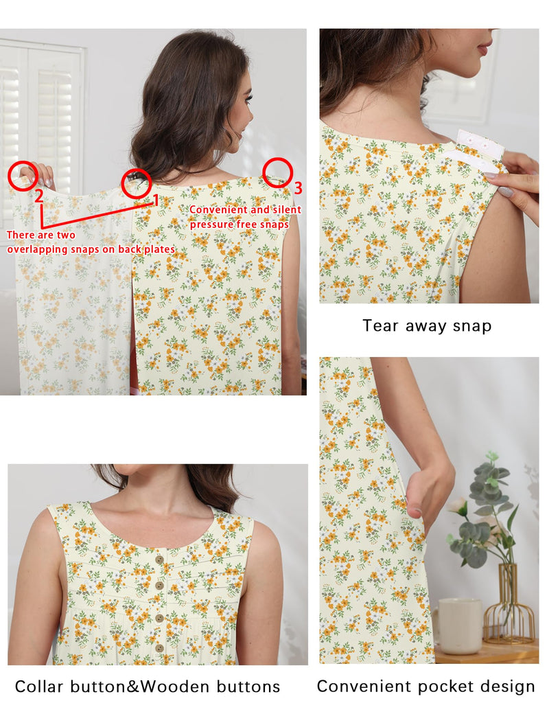 Hospital Gowns for Women Tear Away Snap Open Back Post Shoulder Surgery Sleeveless Adaptive Clothing with Pockets Yellow Flower Small