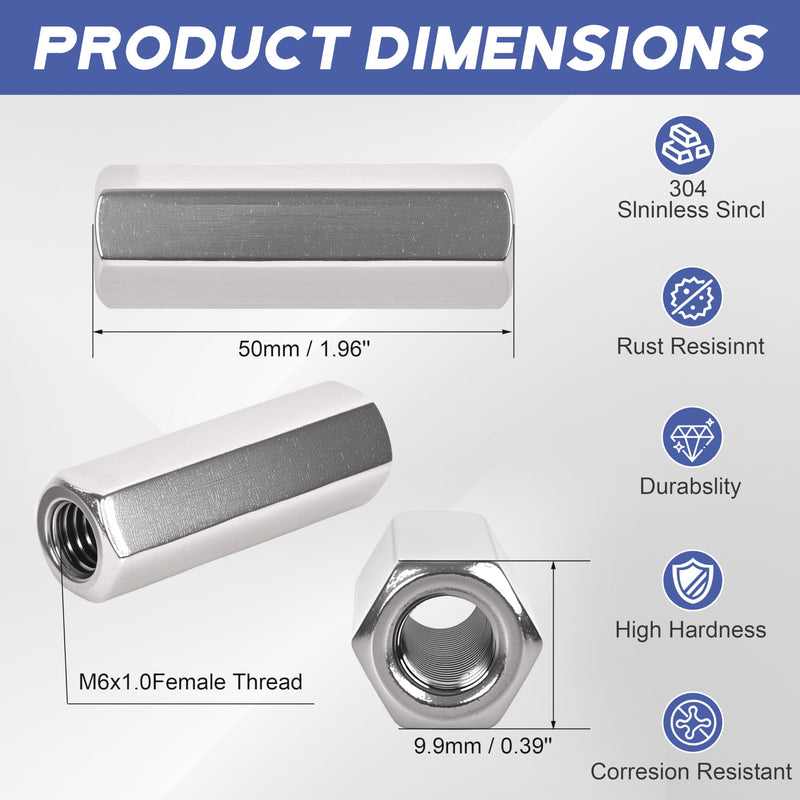32 Pcs 304 Stainless Steel hex Coupling Nuts M6 x 1.0-Pitch 50mm ，Stainless Steel Rod Coupling Nuts(Metric) M6x1.0x50MM 32