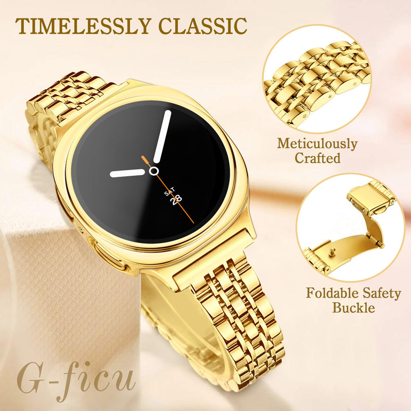 Slim Metal Band +Case for Samsung Galaxy Watch 8/9 Band 40mm with Protective Cover No Screen Film for Women Men, Stainless Steel Thin Replacement Strap for Samsung Watch 8 9 Bands-Gold Gold Galaxy Watch 8/9-40mm