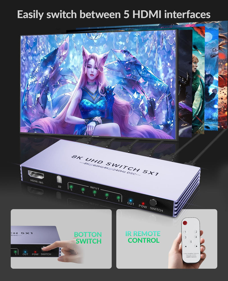 8K HDMI Splitter 4K 240Hz HDMI Switch 5 in 1 Out - 5 Port Switcher with Remote 8K@60Hz 4K@240Hz HDR10+ HDMI2.1 3D CEC HDR HDCP2.3, Used for PS5/4/3 Xbox DVD Player Nintendo Roku PC Fire Stick Apple TV