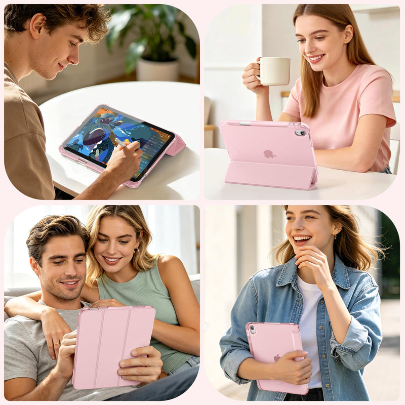 for iPad A16 11th 10th Generation Case with Pencil Holder 11 inch | for iPad 10th Gen Case 10.9 inch 2022/ 2025 with Full Protective Trifold Stand Cover, Hard Translucent Back,Pink Pink