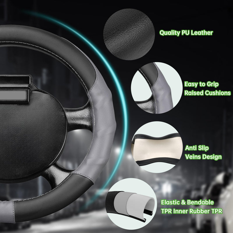 10L0L 13 Inch Golf Cart Steering Wheel Cover for EZGO TXT & RXV, Anti Slip PU Leather & Comfortable Grip Feeling-Black Grey Black & Grey