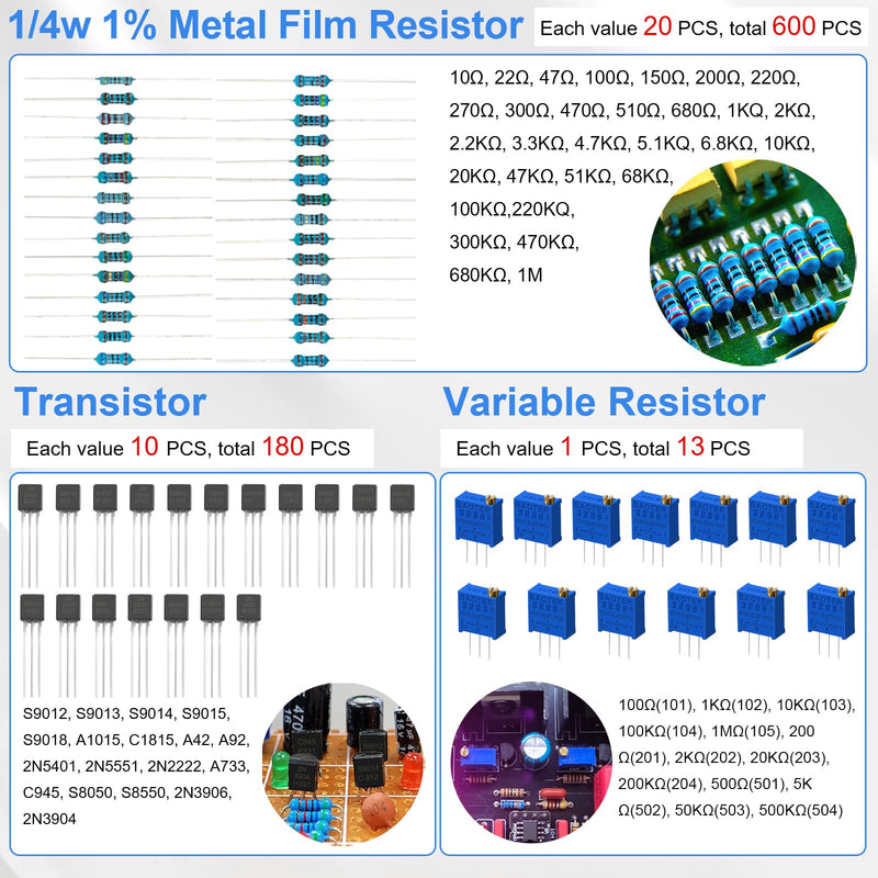 Electronic Component Kit, 1780 Pcs DIY Electronics Kit with Resistors,Capacitor,LED Diodes,Transistors,Dupont Wire,Breadboard,PCB,Potentiometer,Triode,IC,Crystal Oscillator,Buzzer,Switch,Motor,Speaker