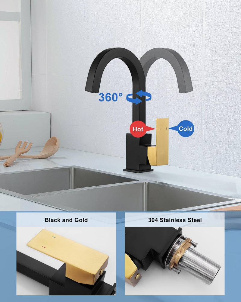 ALEASHA Bar Sink Faucet Black Gold, Bar Sink Faucet Single Hole, Stainless Steel Wet Bar Faucet with Single Handle for Kitchen Bathroom RV Restroom Sink, Durability Rust Square-Structured Faucet Black&Gold