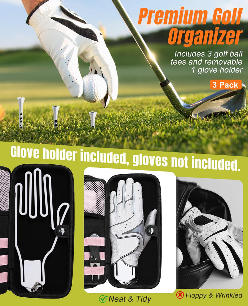 Rhino Valley Golf Glove Holder Case, Golf Accessories Organizer Bag with Glove Shaper for Phone, Gloves, Balls, Tees, Markers, Divot & Repair Tools, Gifts for Golfers Men Women Golf Glove Case- White