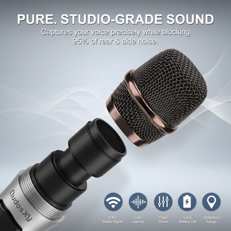 Wireless Microphone, Dual Handheld Dynamic Mics with Rechargeable Receiver, 200ft Range, 12H Duration, Portable Karaokee Microphone for Singing, Speaking & Wedding