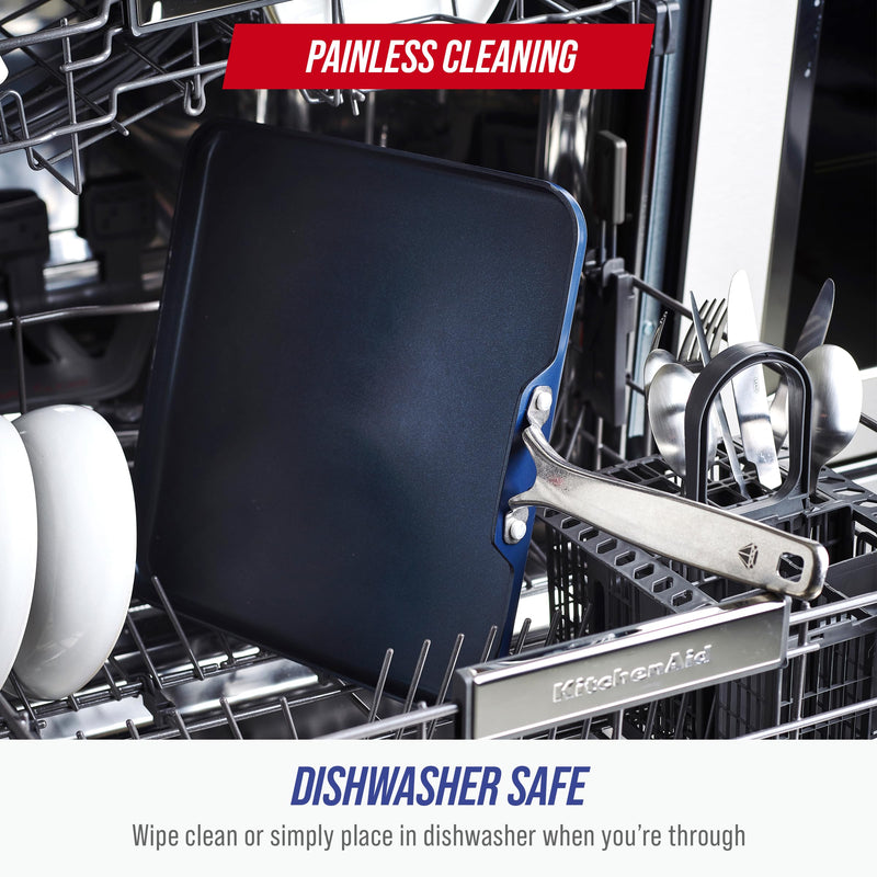 Blue Diamond 11" Nonstick Square Griddle Pan, Non Toxic PFAS-Free Diamond Ceramic, Dishwasher & Oven Safe, Even Heating, Metal Utensil Safe, Warp Control, Blue 11" Griddle Pan