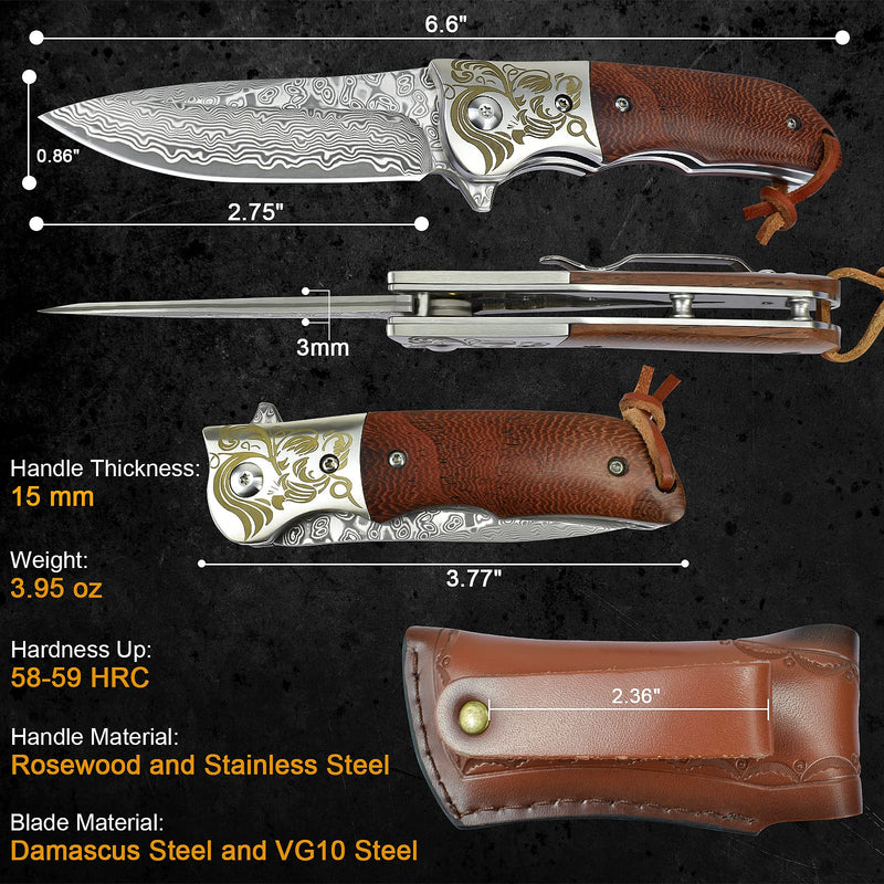 AUBEY Damascus Pocket Knife with Clip, Folding Knives with VG10 Damascus Steel Blade, Wooden Handle, Foldable EDC Knifes for Outdoor Survival Collection Gift A-Rosewood Handle