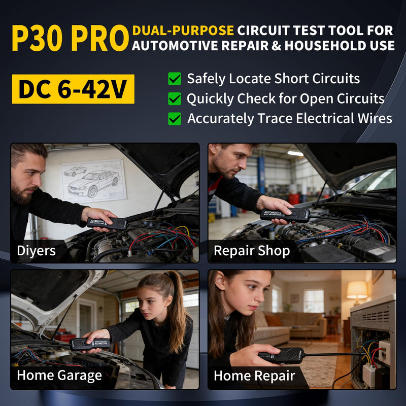 P30 Pro Circuit Tracer with Dual LED Lights, Automotive Electrical Open & Short Finder, Fault Probe Cable Tester, Diagnostic Tool for Vehicle Wiring Repair, Cable Toner, DC 6-42V(With Battery) With Battery