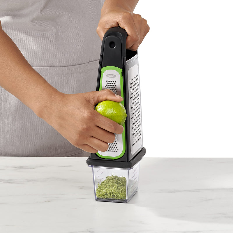 OXO Good Grips Etched Box Grater with Removable Zester | Ideal for Grating Cheese or Zesting Fruits | Storage Container Included | 4 Sided Grater | Comfortable Handle Box Grater with Removeable Zester