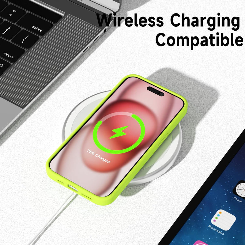 oakxco Liquid Silicone Case for iPhone 15 Case, Cute Slim Thin Phone Case for Women, Girly Soft Gel Rubber Cover Matte Solid Bright Color Shockproof with Microfiber Lining, Neon Green Lime