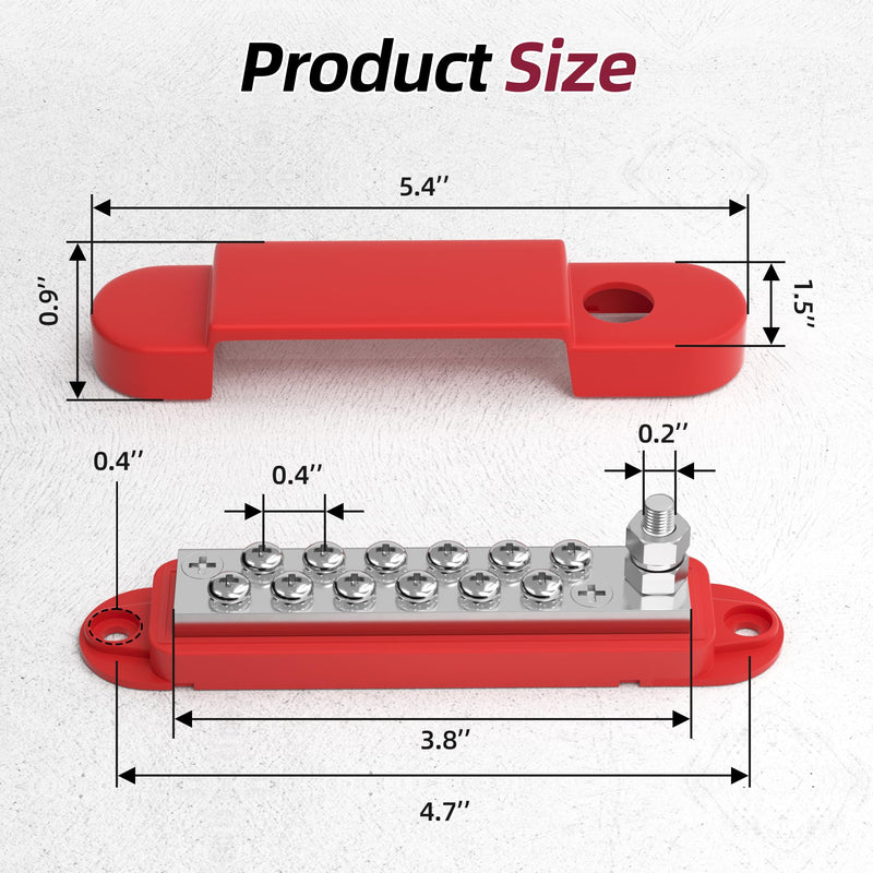Bus Bar 12V 150A Power Distribution Block 1/4" Stud & 12 x #8 Terminal Screws 12 Volt Positive Battery Marine Bus Bar for Solar Battery Wiring, Marine, Boat and Automotive Red