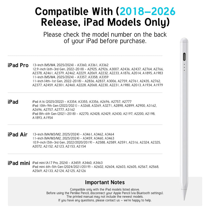 Pencil for Apple iPad A16 10th Generation, 2X Fast Charge Stylus Pen for 2026-2018 iPad A16/11, Air 11/13 M3/M2/5th, Pro 13/11/M4/12.9, Mini A17 Pro/6/5th Palm Rejection Tilt Sensitivity White